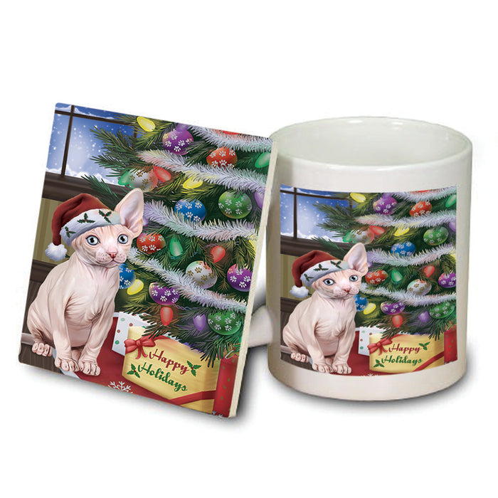 Christmas Happy Holidays Sphynx Cat with Tree and Presents Mug and Coaster Set MUC53464