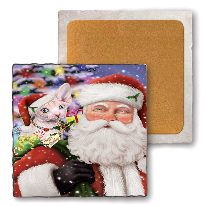 Santa Carrying Sphynx Cat and Christmas Presents Set of 4 Natural Stone Marble Tile Coasters MCST48703