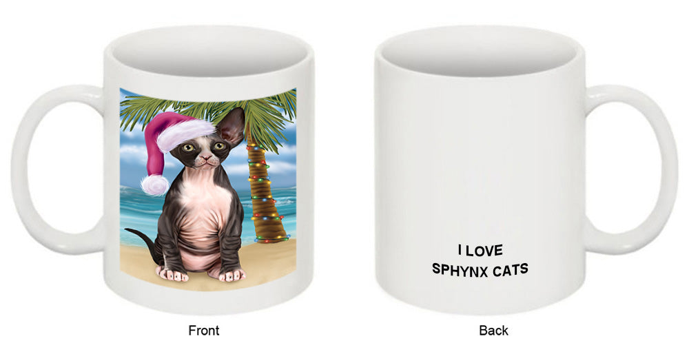 Summertime Happy Holidays Christmas Sphynx Cat on Tropical Island Beach Coffee Mug MUG49852