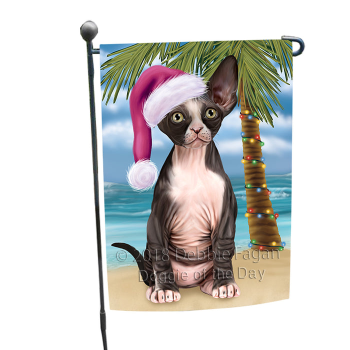 Summertime Happy Holidays Christmas Sphynx Cat on Tropical Island Beach Garden Flag GFLG54644