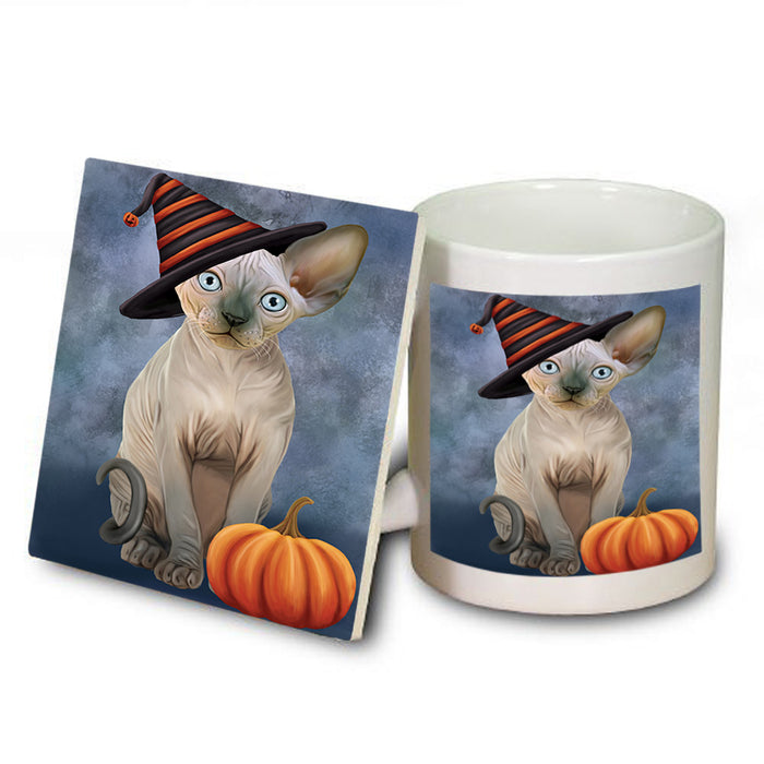 Happy Halloween Sphynx Cat Wearing Witch Hat with Pumpkin Mug and Coaster Set MUC54737