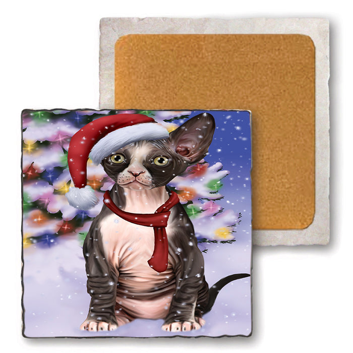 Winterland Wonderland Sphynx Cat In Christmas Holiday Scenic Background Set of 4 Natural Stone Marble Tile Coasters MCST48780