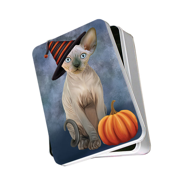 Happy Halloween Sphynx Cat Wearing Witch Hat with Pumpkin Photo Storage Tin PITN54688