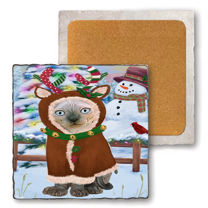 Christmas Gingerbread House Candyfest Sphynx Cat Set of 4 Natural Stone Marble Tile Coasters MCST51569