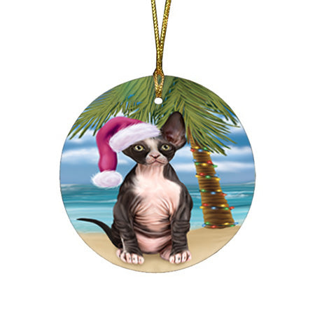 Summertime Happy Holidays Christmas Sphynx Cat on Tropical Island Beach Round Flat Christmas Ornament RFPOR54573