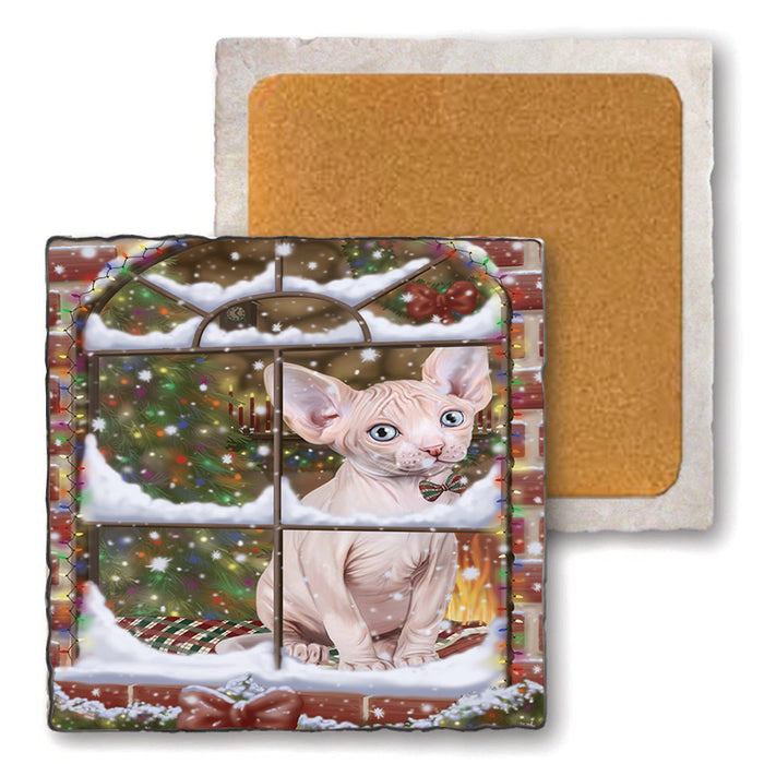 Please Come Home For Christmas Sphynx Cat Sitting In Window Set of 4 Natural Stone Marble Tile Coasters MCST48647