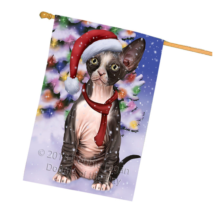 Winterland Wonderland Sphynx Cat In Christmas Holiday Scenic Background House Flag FLG53978