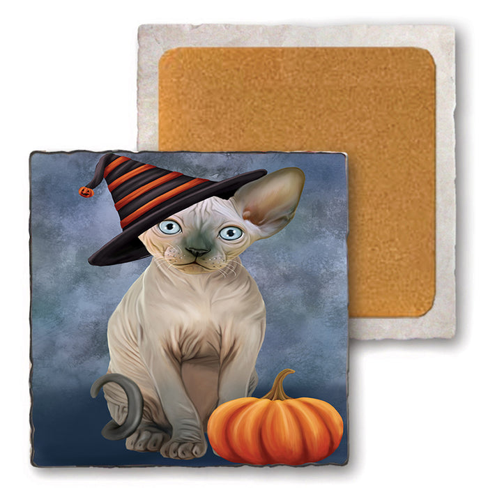 Happy Halloween Sphynx Cat Wearing Witch Hat with Pumpkin Set of 4 Natural Stone Marble Tile Coasters MCST49745
