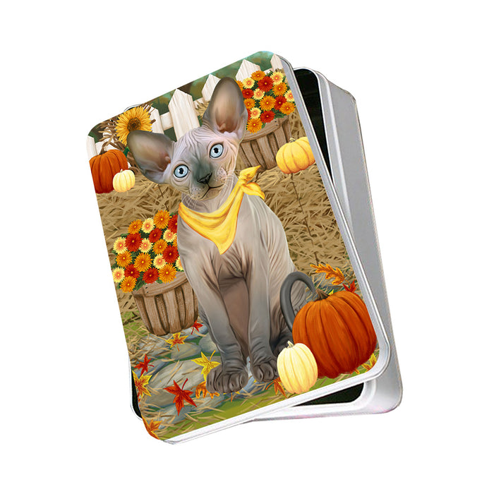 Fall Autumn Greeting Sphynx Cat with Pumpkins Photo Storage Tin PITN52347