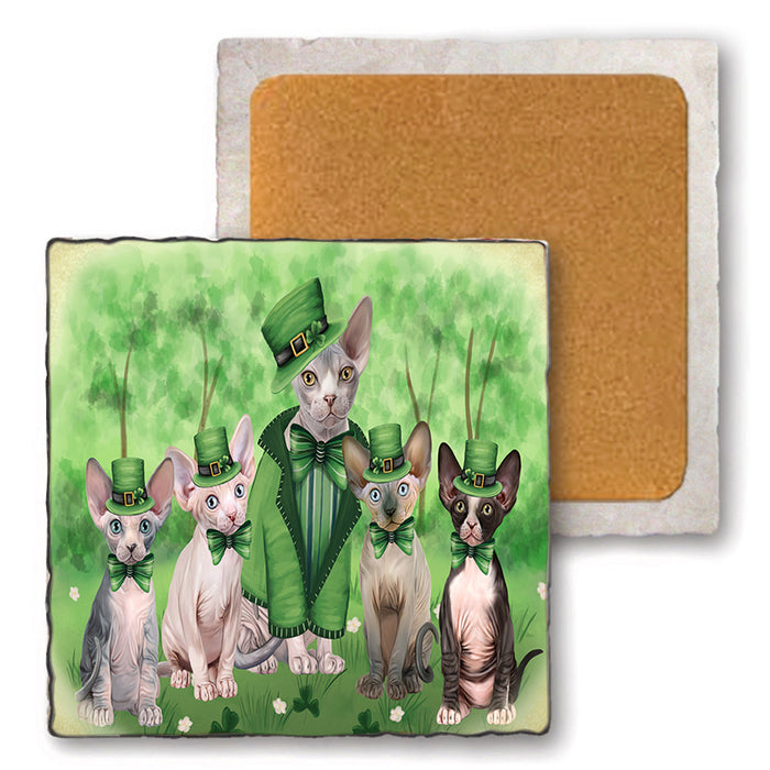 St. Patricks Day Irish Portrait Sphynx Cats Set of 4 Natural Stone Marble Tile Coasters MCST52047