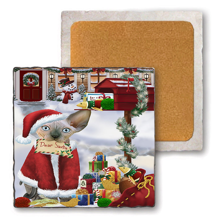 Sphynx Cat Dear Santa Letter Christmas Holiday Mailbox Set of 4 Natural Stone Marble Tile Coasters MCST48554