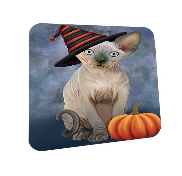 Happy Halloween Sphynx Cat Wearing Witch Hat with Pumpkin Coasters Set of 4 CST54703