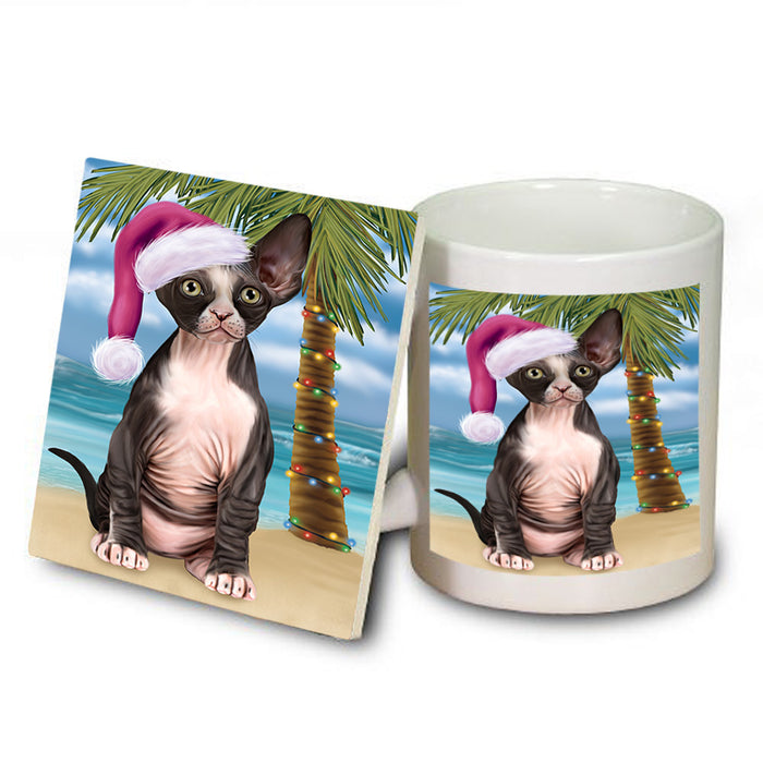 Summertime Happy Holidays Christmas Sphynx Cat on Tropical Island Beach Mug and Coaster Set MUC54446