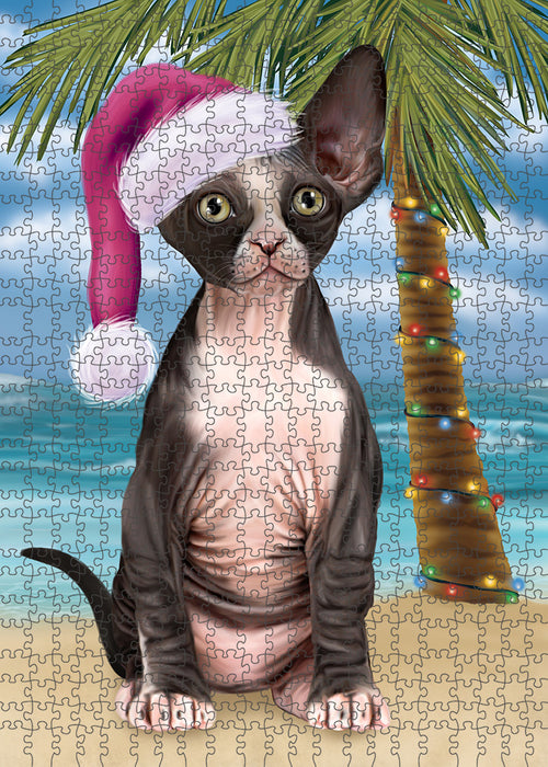 Summertime Happy Holidays Christmas Sphynx Cat on Tropical Island Beach Puzzle with Photo Tin PUZL85484