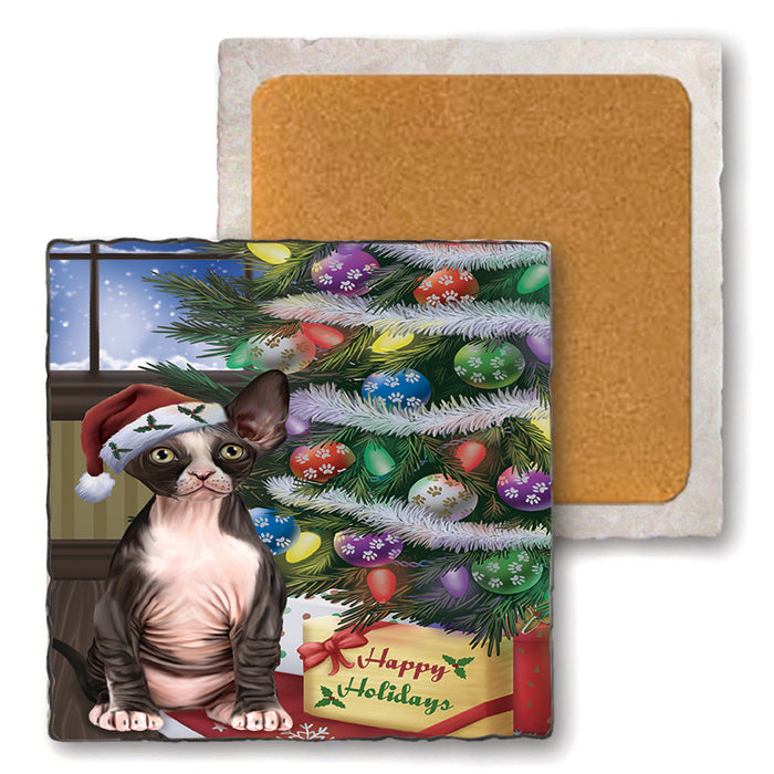 Christmas Happy Holidays Sphynx Cat with Tree and Presents Set of 4 Natural Stone Marble Tile Coasters MCST48473