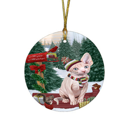 Merry Christmas Woodland Sled Sphynx Cat Round Flat Christmas Ornament RFPOR55405