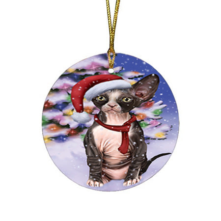 Winterland Wonderland Sphynx Cat In Christmas Holiday Scenic Background Round Flat Christmas Ornament RFPOR53771