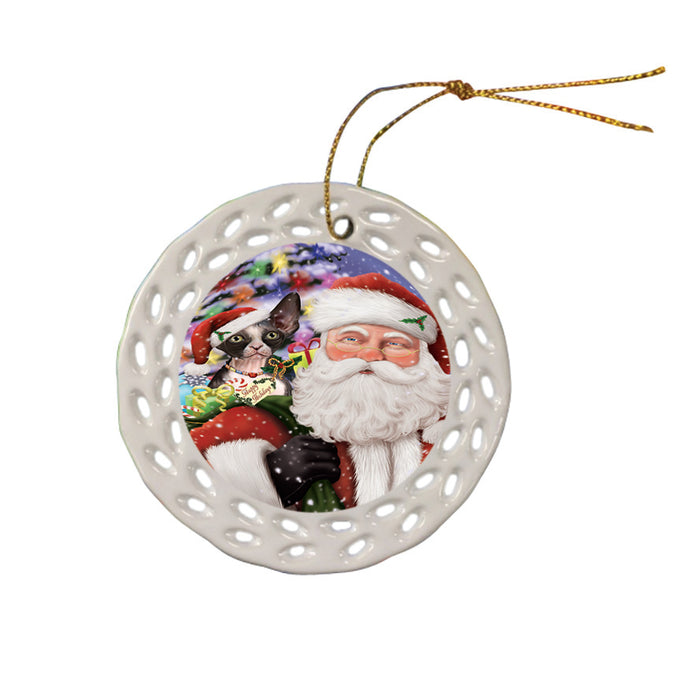 Santa Carrying Sphynx Cat and Christmas Presents Ceramic Doily Ornament DPOR53704