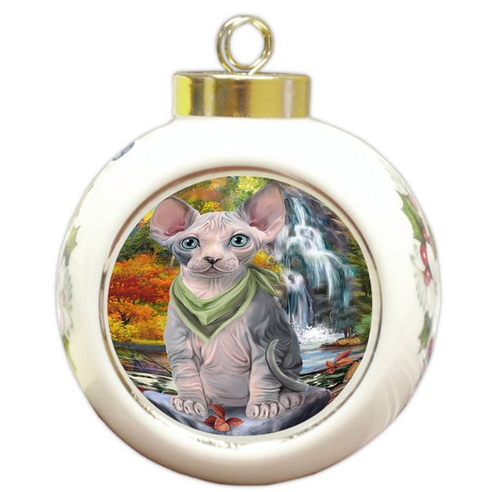 Scenic Waterfall Sphynx Cat Round Ball Christmas Ornament RBPOR51963