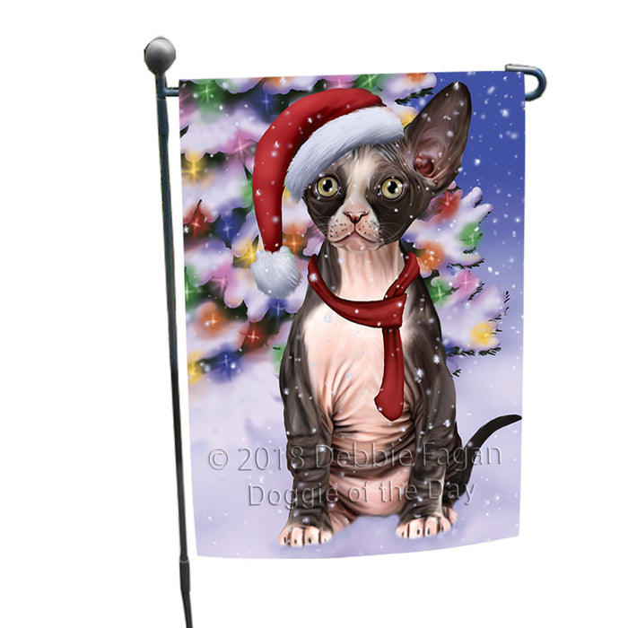 Winterland Wonderland Sphynx Cat In Christmas Holiday Scenic Background Garden Flag GFLG53842