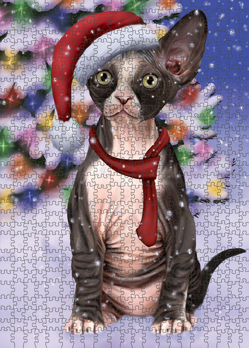 Winterland Wonderland Sphynx Cat In Christmas Holiday Scenic Background Puzzle with Photo Tin PUZL82276
