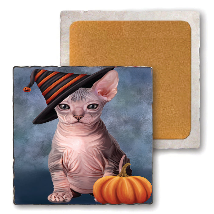 Happy Halloween Sphynx Cat Wearing Witch Hat with Pumpkin Set of 4 Natural Stone Marble Tile Coasters MCST49815