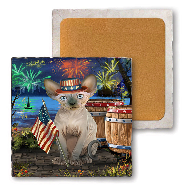4th of July Independence Day Firework Sphynx Cat Set of 4 Natural Stone Marble Tile Coasters MCST49082