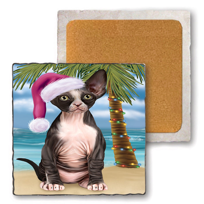 Summertime Happy Holidays Christmas Sphynx Cat on Tropical Island Beach Set of 4 Natural Stone Marble Tile Coasters MCST49454