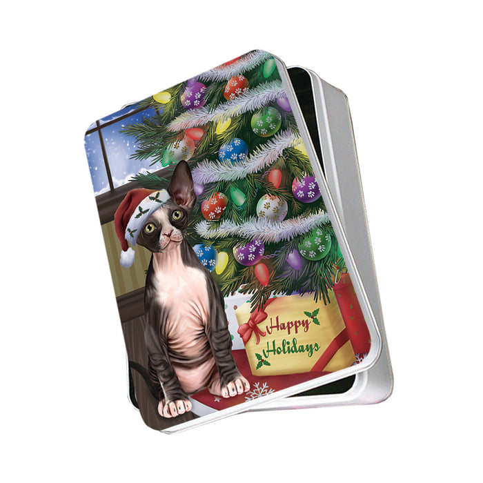 Christmas Happy Holidays Sphynx Cat with Tree and Presents Photo Storage Tin PITN53473