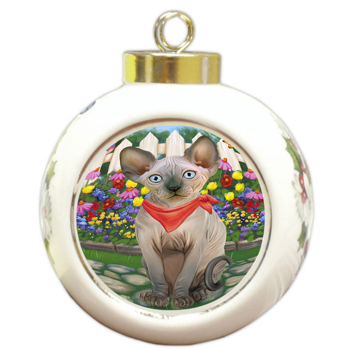Spring Floral Sphynx Cat Round Ball Christmas Ornament RBPOR52276
