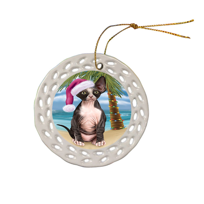Summertime Happy Holidays Christmas Sphynx Cat on Tropical Island Beach Ceramic Doily Ornament DPOR54582