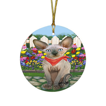 Spring Floral Sphynx Cat Round Flat Christmas Ornament RFPOR52267