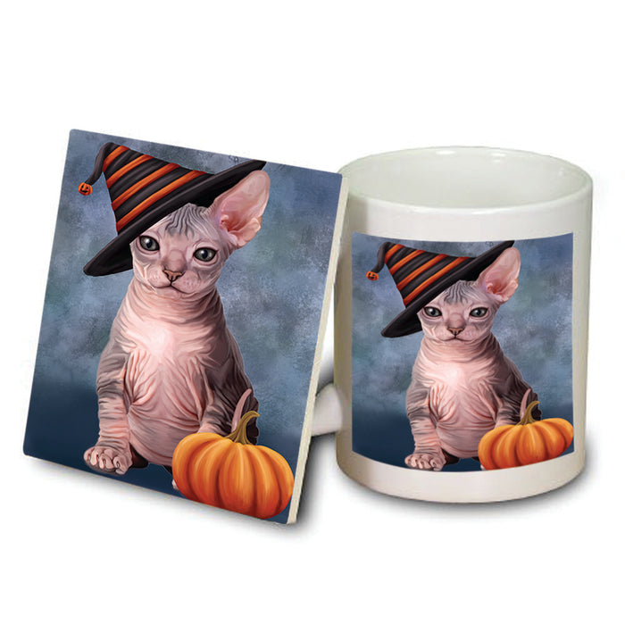 Happy Halloween Sphynx Cat Wearing Witch Hat with Pumpkin Mug and Coaster Set MUC54807
