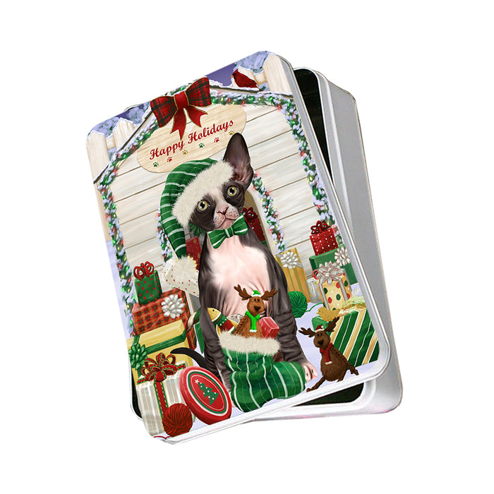 Happy Holidays Christmas Sphynx Cat With Presents Photo Storage Tin PITN52687