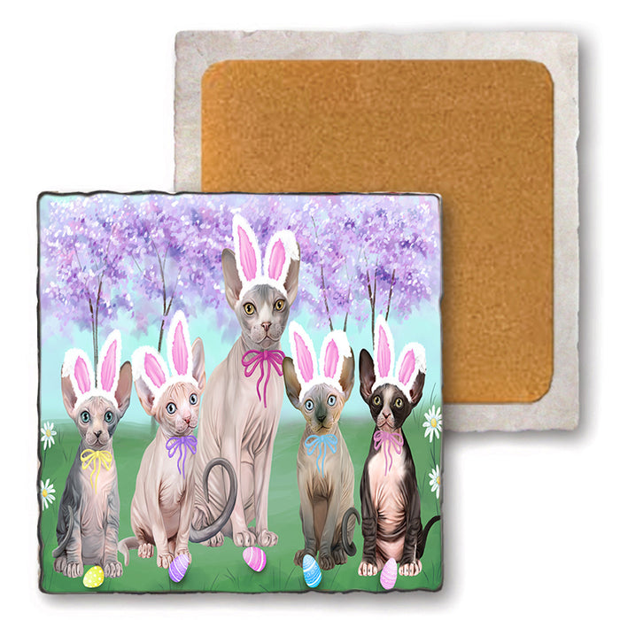 Easter Holiday Sphynx Cats Set of 4 Natural Stone Marble Tile Coasters MCST51943