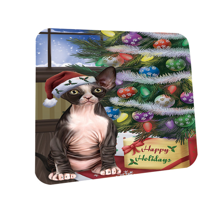 Christmas Happy Holidays Sphynx Cat with Tree and Presents Coasters Set of 4 CST53431