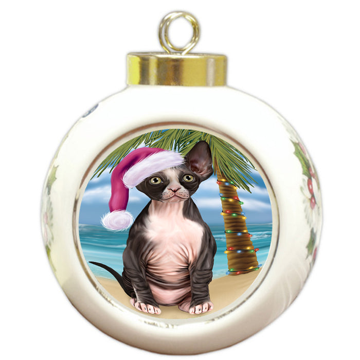 Summertime Happy Holidays Christmas Sphynx Cat on Tropical Island Beach Round Ball Christmas Ornament RBPOR54582