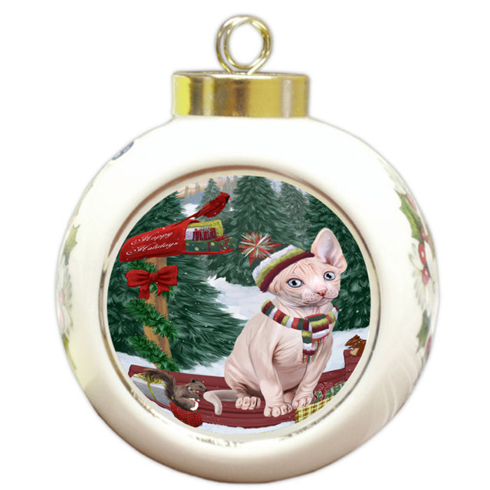 Merry Christmas Woodland Sled Sphynx Cat Round Ball Christmas Ornament RBPOR55405