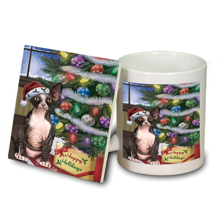 Christmas Happy Holidays Sphynx Cat with Tree and Presents Mug and Coaster Set MUC53465