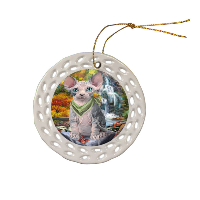 Scenic Waterfall Sphynx Cat Ceramic Doily Ornament DPOR51963