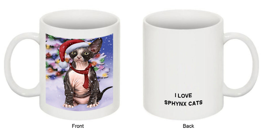 Winterland Wonderland Sphynx Cat In Christmas Holiday Scenic Background Coffee Mug MUG49178