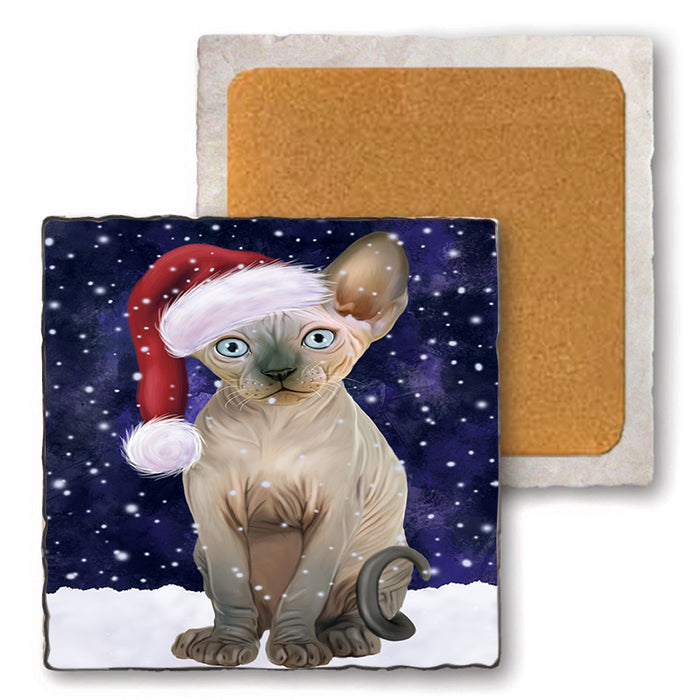 Let it Snow Christmas Holiday Sphynx Cat Wearing Santa Hat Set of 4 Natural Stone Marble Tile Coasters MCST49327