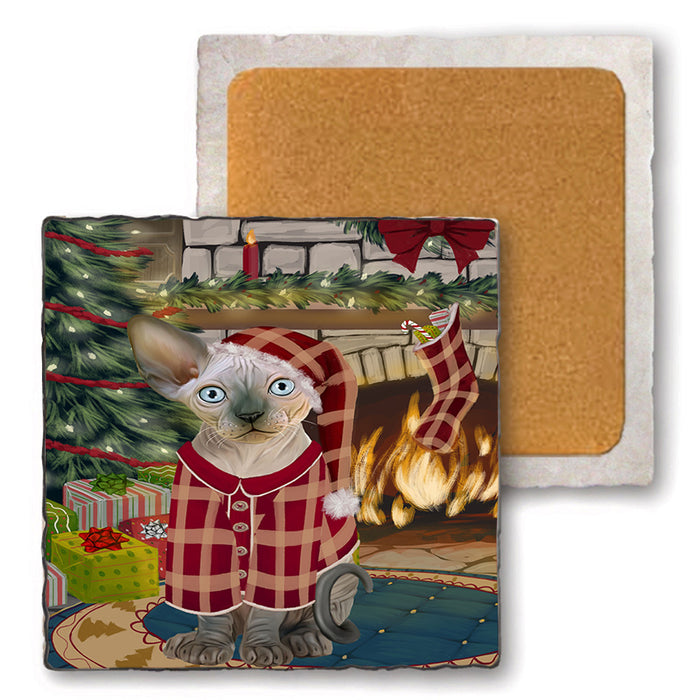The Stocking was Hung Sphynx Cat Set of 4 Natural Stone Marble Tile Coasters MCST50631