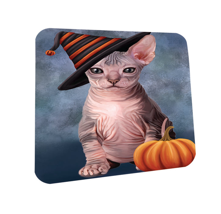 Happy Halloween Sphynx Cat Wearing Witch Hat with Pumpkin Coasters Set of 4 CST54773
