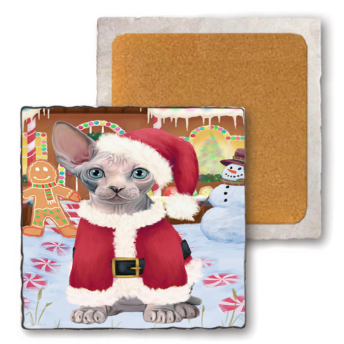 Christmas Gingerbread House Candyfest Sphynx Cat Set of 4 Natural Stone Marble Tile Coasters MCST51570