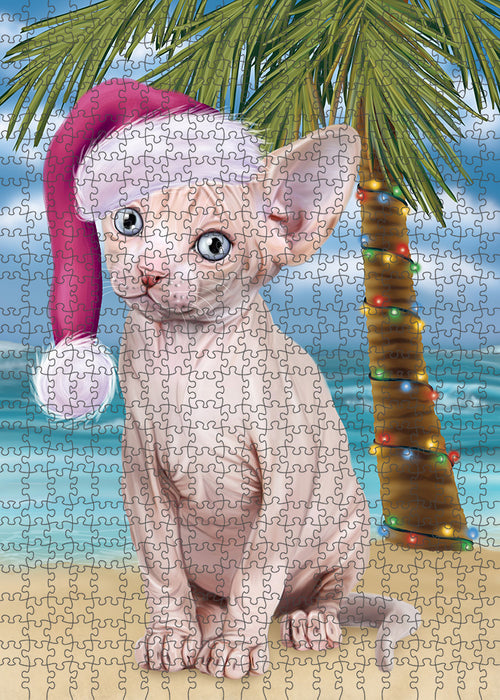 Summertime Happy Holidays Christmas Sphynx Cat on Tropical Island Beach Puzzle with Photo Tin PUZL85488