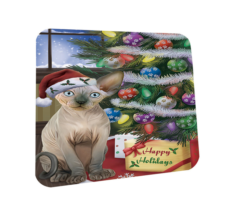Christmas Happy Holidays Sphynx Cat with Tree and Presents Coasters Set of 4 CST53432