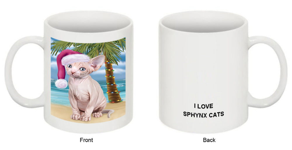 Summertime Happy Holidays Christmas Sphynx Cat on Tropical Island Beach Coffee Mug MUG49853