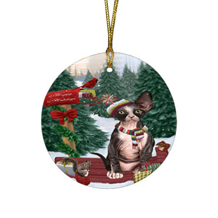 Merry Christmas Woodland Sled Sphynx Cat Round Flat Christmas Ornament RFPOR55406