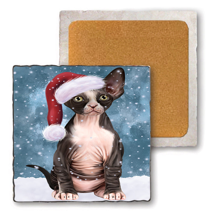 Let it Snow Christmas Holiday Sphynx Cat Wearing Santa Hat Set of 4 Natural Stone Marble Tile Coasters MCST49328